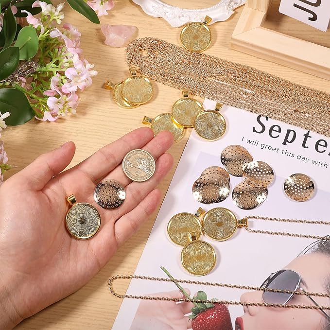 CHGCRAFT 12 Set Embroidery Pendant Tray Set Alloy Embroidery Pendant Kit Round Bezel Pendant Trays Blank Frame with Chain for DIY Jewelry Making Crafts Projects