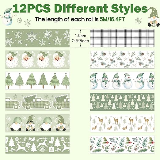 Sage Green Washi Tape - 12 Rolls Christmas Sage Design, Acid Free Residue Free Adhesive Easy Tear DIY Art Crafts for Christmas Gift Wrapping, Scrapbook, Journal Decor, Holiday Projects