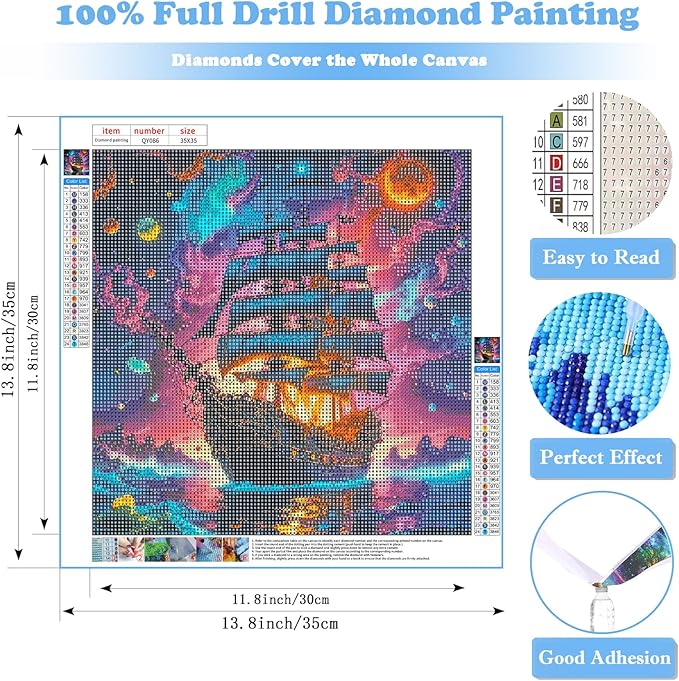 Pirate Ship Diamond Art Kits for Adults, 5D Diamond Painting for Beginners, Diamond Dot, Small Dimond Art Paintings Kit, Gem Painting Kit, Crafts for Adults, DIY Home Wall Decor Gifts 14x14inch