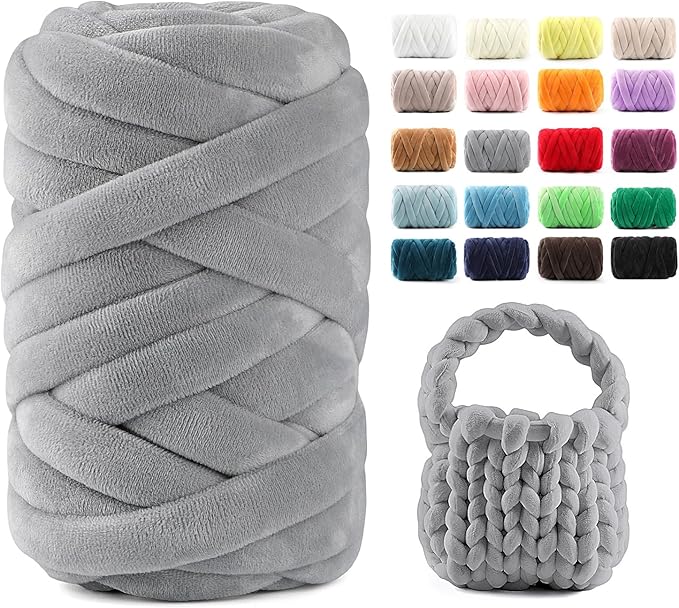 Chunky Yarn for Hand Knitting & Arm Knitting - 0.66lb Super Bulky Velvet Chenille Tube Yarn for DIY Pillows, Pet Beds, Baskets & Home Decor | No Tools Needed, Machine Washable, Gray, 1 Pack
