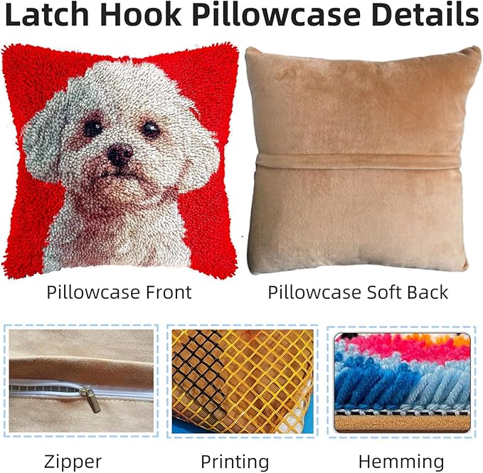 DIY Latch Hook Pillow Kits for Adults White Bichon Frise Dog Portrait Printed Pillowcase Crochet Yarns Hooking Handmade Pillow Cover Cushion for Home Sofa Decoration 17x17inch(2)