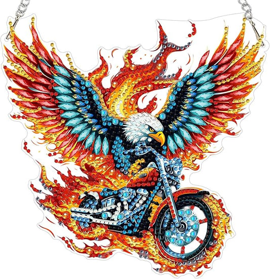 MXJSUA Eagle Motorcycle Diamond Painting Art Window Suncatchers, Diamond Art Kits for Adults Hanging Ornaments with Chain, 5D Special Shape Crystal Diamond Pendant Accessories for Decor Gift