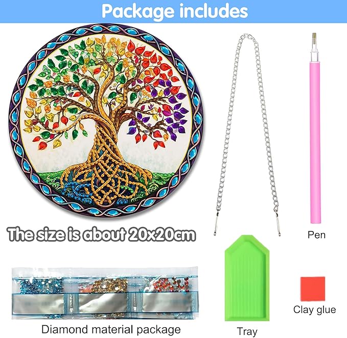Reofrey Hanging Diamond Art Kits for Adults - 8x8 Inch Tree Acrylic Board Double Sided Pattern Diamond Painting Suncatcher Pendant, DIY Crystal Art for Home Wall or Window Decoration Handmade Gift