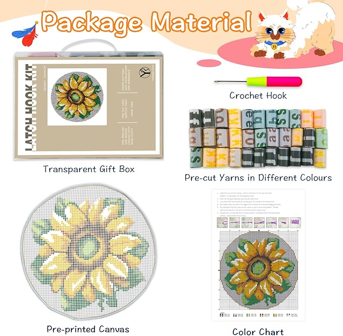 YP Sunflower Latch Hook Rug Kits for Adults,DIY Crochet Yarn Rugs Hooking Craft Kit with Color Preprinted Pattern Design for Beginners,Home Decoration Festival Gifts,20.5''x20.5''