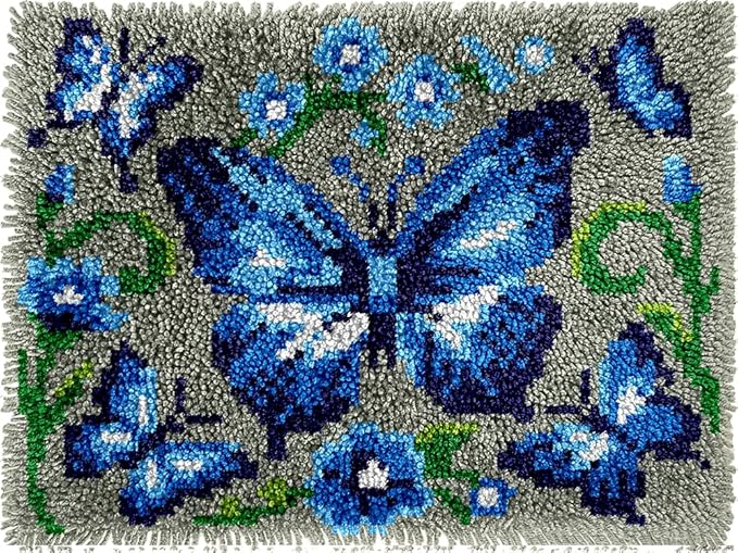 veirousa Blue Butterfly Latch Hook Kit for Adults Beginners, Pre-Printed Latch Hook Rug Kit, DIY Carpet Making Set for Home Wall Hanging Art Decoration 20x15 Inch