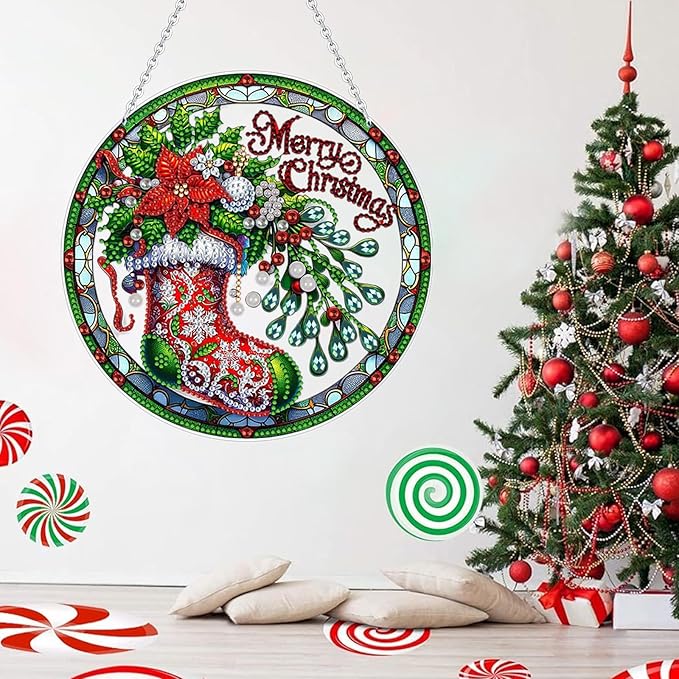 Diamond Art Hanging Kits for Adult, Christmas Diamond Art Crafts Decor, 5D DIY Acrylic Diamond Art Painting Ornaments, Window Pendants Wall Hanging Kits for Home Garden (Socks)