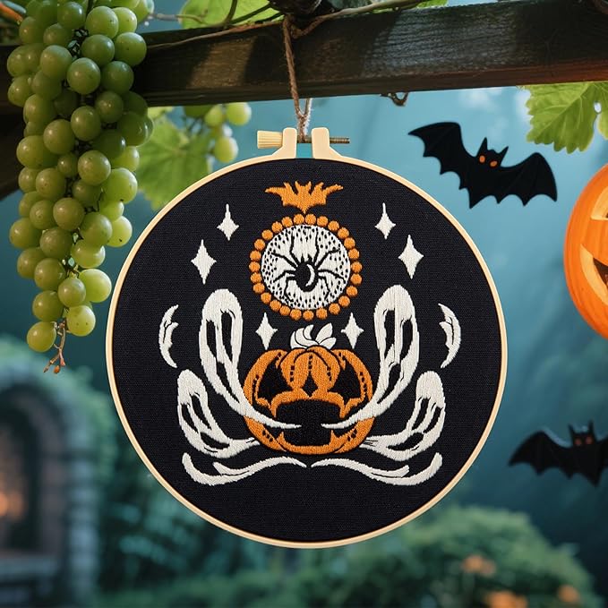 Halloween Embroidery Kits for Beginners Adults, Ghost Embroidery Starter Kits, Halloween Cross Stitch Kits for Beginners Adults Hobbies for Women, Embroidery Fabric, Threads, Hoops and Video Tutorial