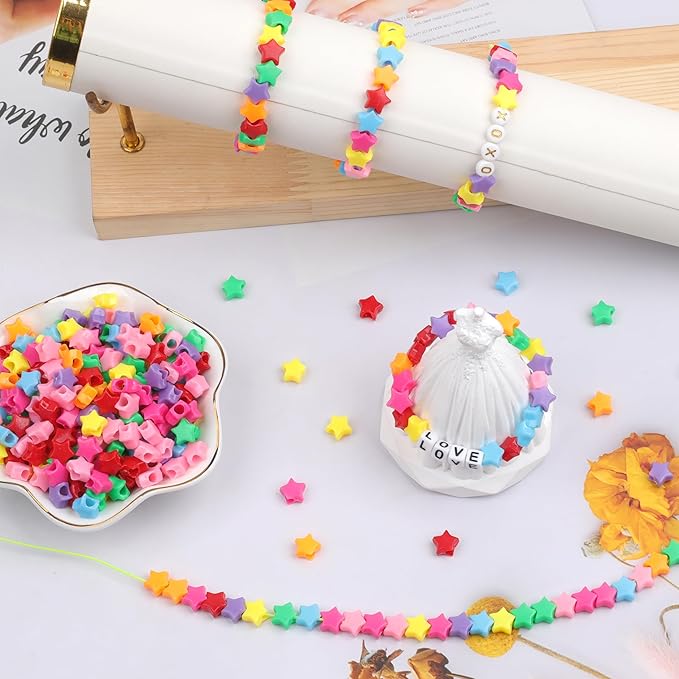 gmma 1000pcs star pony beads shapes for friendship bracelets valentine's day colourful rainbow beads for diy jewelry making bracelet necklace party decoration supplies