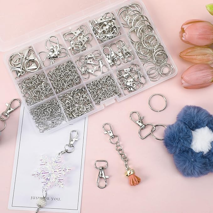 AUGSUN Keychain Making Kit, 450Pcs Keychain Craft Set Including Key Chain Clips, Lanyard Snap Hooks, Lobster Claw Clasps, Key Rings, Jump Rings and Screw Eye Pins for Key Chain Jewelry Making
