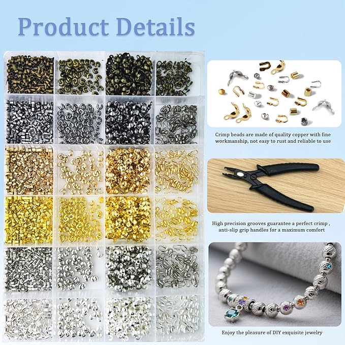 2700 Pieces Crimp Beads Supplies for Jewelry Making,Knot Covers, Crimp Tubes and Wire Guardians with Crimping Pliers for DIY Jewelry Bracelets Necklaces Making