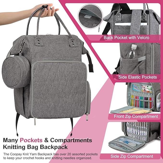Coopay Huge Crochet Bag, Travel Knitting Bag Large Capacity Yarn Storage Organizer Bags for Unfinished Project, Crochet Hooks, Knitting Needles, Skein Yarn, Great Knitting & Crochet Supplies, Gray