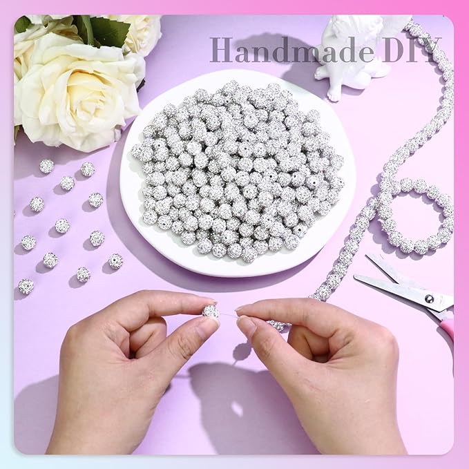 Dowarm 255PCS 10mm Rhinestone Beads for Baseball Necklace Bracelet Jewelry Making, White Rhinestone Clay Beads for Crafts Beaded Pen, Round Polymer Clay Shamballa Pave Disco Diamond Bead