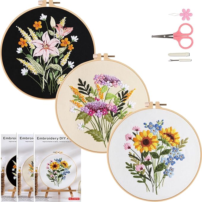 COCOMOX Full-Blown Flowers Embroidery Kit for Beginners, 3 Sets Floral Hand Craft Embroidery Kits,DIY Needlepoint Cross Stitch, Easy to Follow with Video Instructions