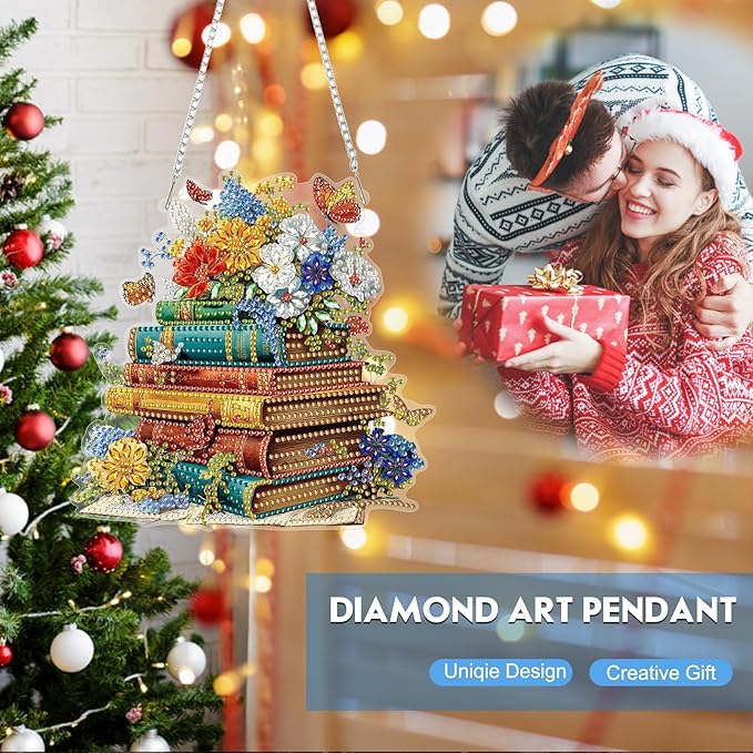 NEWENMO Hanging Diamond Art Kit for Adult, Vintage Books, 5D Special Shaped Rhinestone Diamond Painting Ornament, Floral Books, DIY Acrylic Diamond Art Painting Window Pendants Home Garden Wall Decor