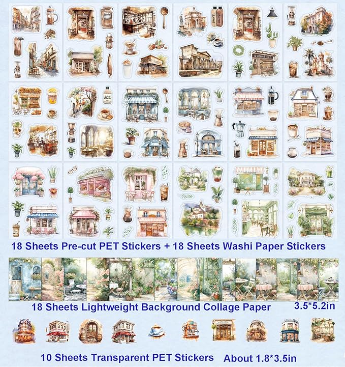 64 Sheets Vintage Floral Scrapbooking Kit, Precut Floral Natural Garden Flowers Butterfly Transparent PET and Washi Stickers with Scrap book Paper for Scrapbook Supplies Junk Journals Craft (Street)