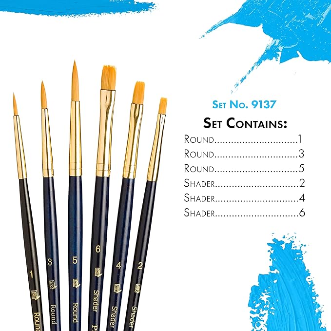 Princeton Real Value, Series 9100, Paint Brush Sets for Acrylic, Oil & Watercolor Painting, Syn-Gold Taklon (Rnd 1, 3, 5, Shader 2, 4, 6)