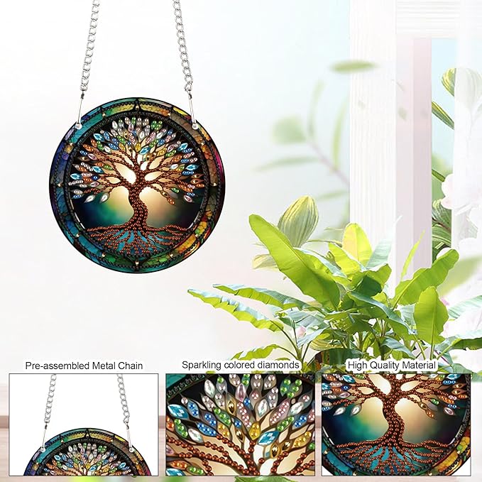 AiYuanzsh Tree Diamond Painting Hanging Kit, DIY 5D Acrylic Pendant Ornament, Special Shaped Crystal Diamond Art Hanging Kits for Wall, Door, or Garden, Adult Craft Gift