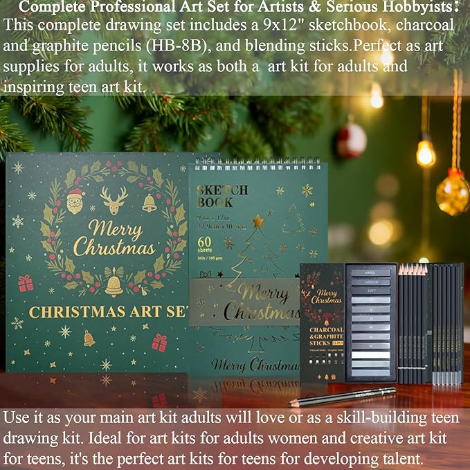 fuxi sketch pad and pencil set | stocking stuffers, art supplies for adults | gifts for artists, teen & beginners | complete drawing set with sketch book, sketch pencils, charcoal & graphite sticks.