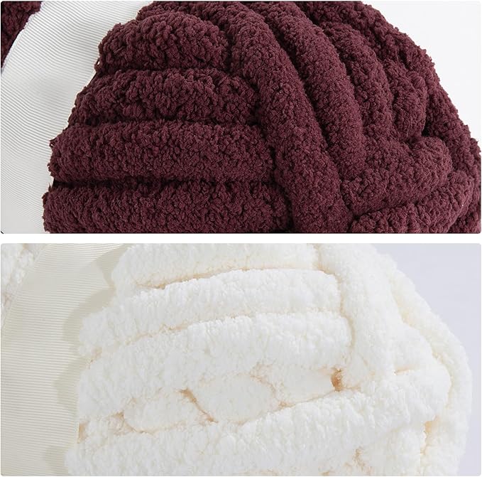 Mabozoo Assorted Chunky Fluffy Yarn for Crocheting & Knitting, Jumbo Chenille & Bulky Plush Yarn, Cream & Wine Red (31.7 yds, 8 oz Each)