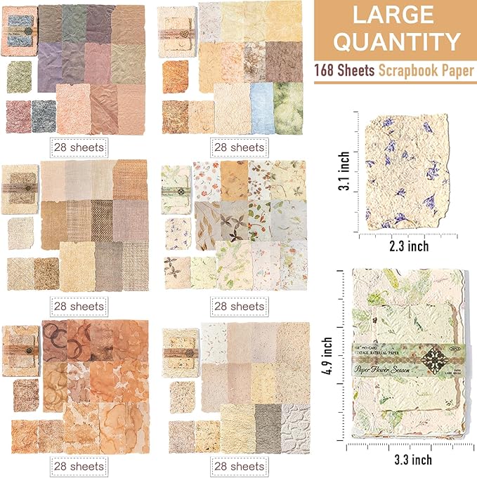 168Pcs Textured Scrapbook Paper Kit - Embossed Rice Decoupage Paper Mixed Media for Scrapbooking Supplies Junk Journaling Cards Making Collage, Vintage 6 Pack DIY Decorative Materials Craft Gifts
