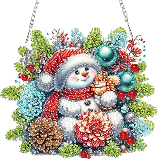 Auremi Snowman Diamond Art Painting Pendant Kits with Chain,5D Christmas Diamond Art Hanging Kit DIY Diamond Crystal Window Door Hanging Pendant Kit for Adults Gift Wall Decor
