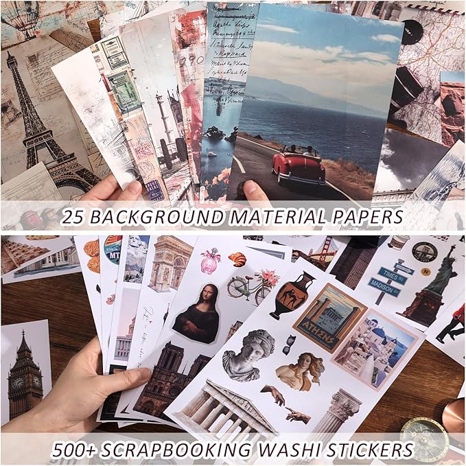 57 sheets vintage travel scrapbook sticker book, 500+ vintage & modern stickers for scrapbooking, 25 pcs ephemera papers art scrapbook supplies for adults teens women girls junk journal journaling