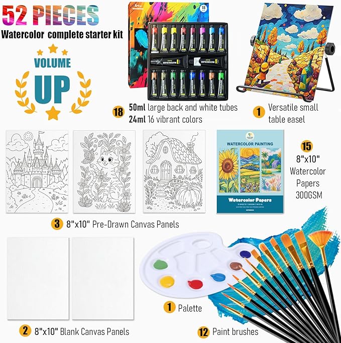 Watercolor Paint Set with 18 Vivid Jumbo Tubes (24ml&50ml), Complete Art Supplies with Guided Canvas Panels, Table Easel, Watercolor Papers, Brushes, Paint Kit for Students Beginners Young Artists