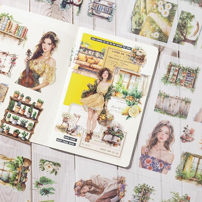 Stickers for Journaling, 20 Sheets Green Life Junk Journal Sticker, PET Washi Materials Scrapbooking Supplies for Adults, People Planner Transparent Decorative Art Crafts