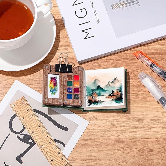 Mini Watercolor Paint Set Portable, Travel Grid Paint Palette Box with Binder Clips Include 12 Colours, Brush*3 and Picture Album Art Materials Coloring Markers for Travel, Creative Drawing Kit for Beginners and Art Enthusiasts