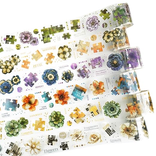 6-Roll Puzzle Piece Floral PET Tape Set – Pre-Cut Transparent Vintage Collage Flower Stickers for Scrapbooks Journals Planners Cards & DIY Craft Decoration