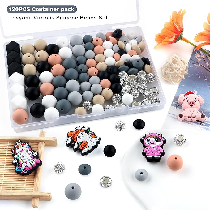 120Pcs Multicolor 12mm 15mm Silicone Beads for Keychain Making, 14mm Hexagon Beads Rhinestone Round Spacer 10mm for DIY Handicrafts(Gray)