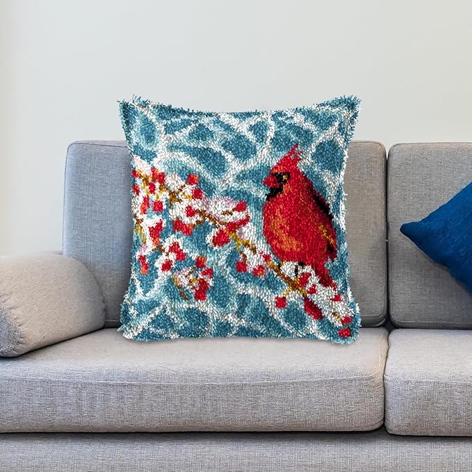 LAPATAIN Latch Hook Kits for DIY Throw Pillow Cover,Red Bird Needlework Cushion Cover Hand Craft Crochet for Great Family 17x17inch