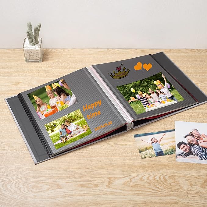 Large Photo Album Self Adhesive for 4x6 8x10 Magnetic Scrapbook Album DIY 60 Black Sticky Pages Linen Cover Photo Album(Grey)