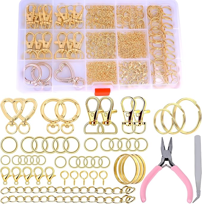Prdingfy 579PCS Keychain Making Kit, Key Chain Supplies Including Keychain Clip, Key Rings, Lobster Claw Clasps, Jump Rings, Extender Chain,Pliers for Key Chain Making and Jewelry Making(Gold)