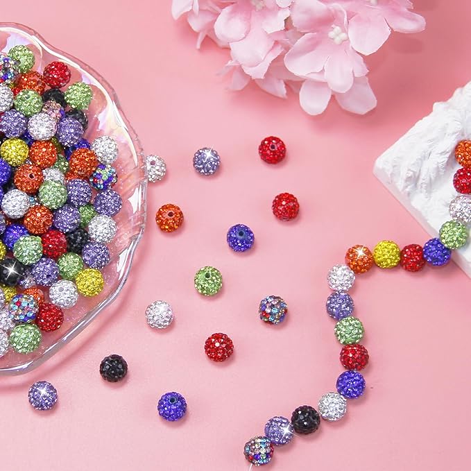 100 Pcs 10mm Rhinestone Beads for Jewelry Making, Rainbow Shiny Round Shamballa Disco Baseball Necklace Beads Sparkle Crystal Clay Pave Rhinestones Bead for Bracelet Earring Keychain Making Supplies