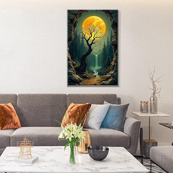 JOOZ Paint by Numbers Kit for Adults with Frame Moon Paint by Number with Easel Tree Adult Paint by Number Kits Framed Canvas Mountain Waterfall Oil Painting Kits for Gift Home Wall Decor 8x12 Inch