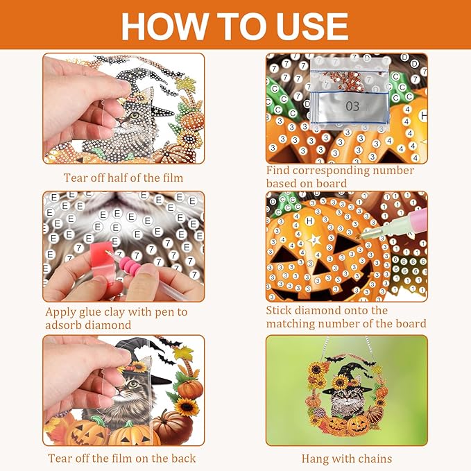 CEOVR Halloween Diamond Painting Hanging Ornament, Cat Pumpkin 5D Special Shape Diamond Art, Crafts for Adults DIY Fall Gem Art, Acrylic Home Garden Window Wall Decor with Chain, Box Kit, 7.57×7.61in