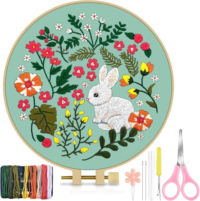 TINDTOP Embroidery Kit for Beginners Adult, Rabbit Embroidery Kit for Beginners Include Embroidery Cloth Hoops Threads for Craft Lover Hand Stitch with Embroidery Skill Techniques