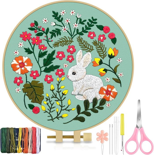 TINDTOP Embroidery Kit for Beginners Adult, Rabbit Embroidery Kit for Beginners Include Embroidery Cloth Hoops Threads for Craft Lover Hand Stitch with Embroidery Skill Techniques