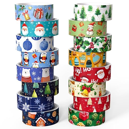 Christmas & Winter Washi Tape Set - 16 Rolls Holiday Decorative Tape for Bullet Journals, Scrapbooking & Gifts (0.6" x 10 ft) - Santa, Tree, Snowman, Penguin, Bear, Red Green Blue