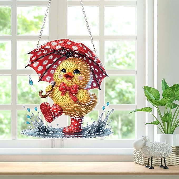 Bowetile Duck Diamond Art Hanging Kits for Adults, Diamond Art Suncatchers Easter, 5D Special Shape Diamond Painting Pendant Window Ornament Gifts for Home Wall Door Garden Decor