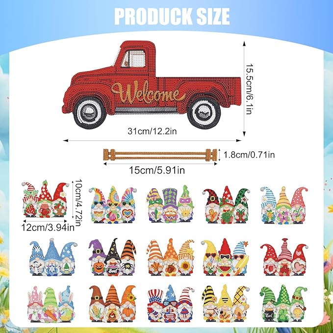 APCGSM 16PCS Interchangeable Diamond Painting Welcome Sign for Front Door Holiday Gnome Decor Red Truck Hanging Sign Diamond Art Painting Kits for Adults Interchangeable Seasonal Decor for Home Wall