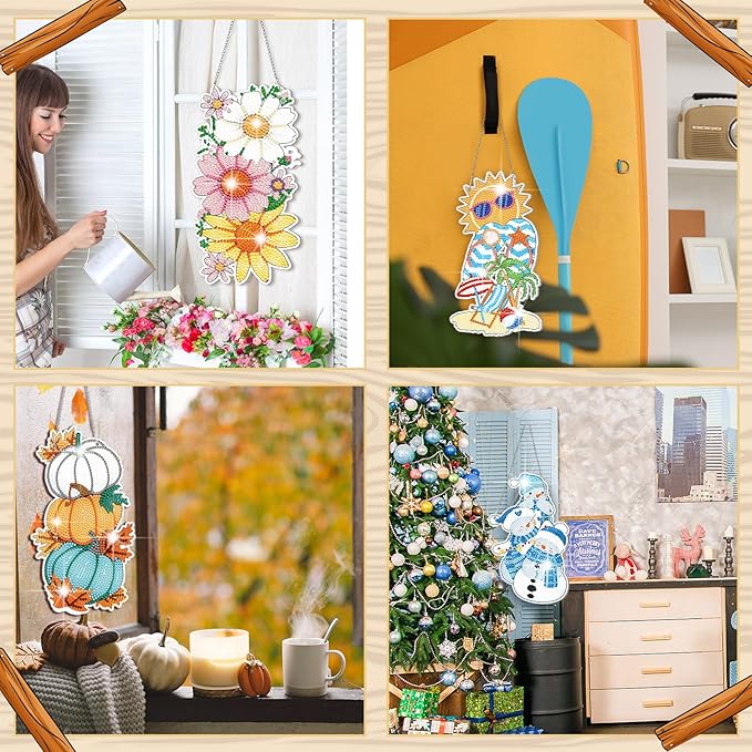 Cinnvoice 12 Pcs Seasonal Diamond Art Wreath Kits Holiday 5d DIY Diamond Art Hanging Signs Winter Spring Ornaments for Wall Door Decoration(Vertical)