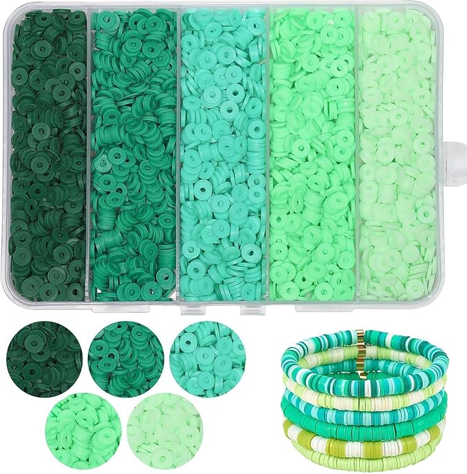 3500pcs Green Clay Beads for Bracelets Making 6mm Heishi Beads Polymer Flat Round Disc Clay for Jewelry Making Green Bead Crafts