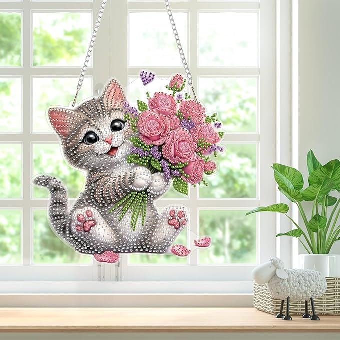 Bowetile Cat Diamond Art Hanging Kits for Adults, Diamond Art Suncatchers Flowers, 5D Special Shape Diamond Painting Pendant Window Ornament Valentine's Day Gifts for Home Wall Decor