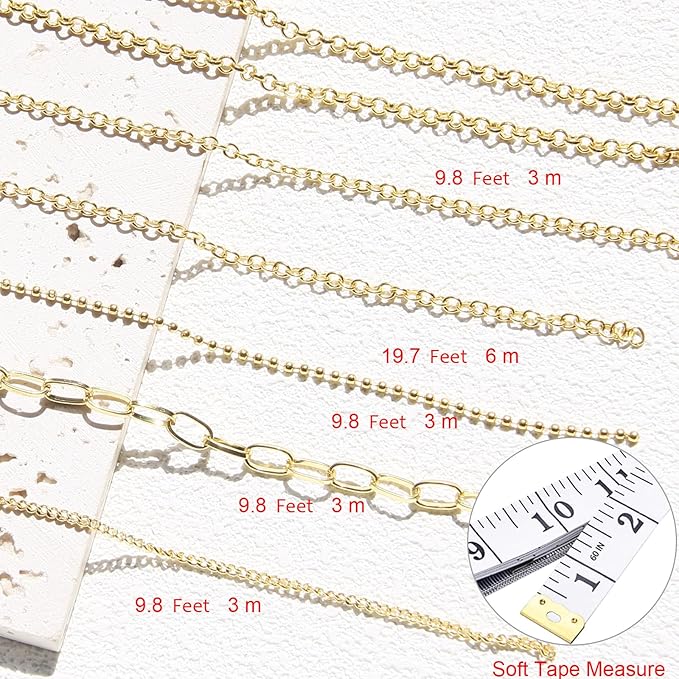 Gold Necklace Chains for Jewelry Making, 59 Feet 5 Style Necklace Jewelry Chains for DIY Necklaces Bracelets Anklet Craft Making Supplies with Jump Rings Lobster Clasp Connectors Soft Tape Measure