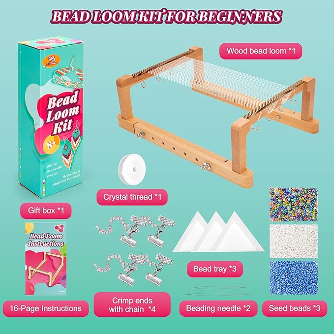 PP OPOUNT Adjustable Bead Loom Kit, Wood Loom Beading Supplies with Detailed Instructions, Practical Jewelry Making Accessories, Beading Loom Kits for Adults Jewelry Making Bracelets Belts