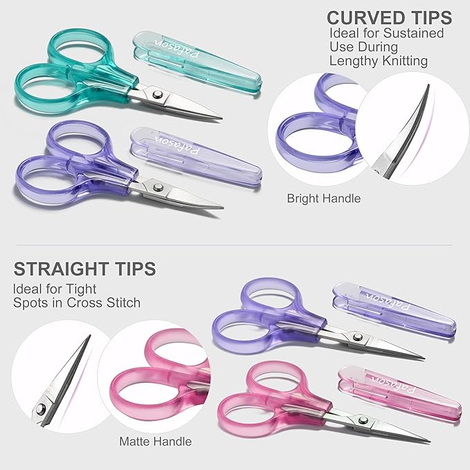 PAFASON Small Travel Embroidery Scissor Set Curved Straight Tip All Purpose for Quilting Sewing Knitting Crafting Cross Stitch Crochet Thread Yarn Paper Fabric Detail Multipurpose Cutting Safety Case