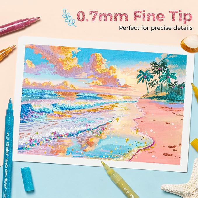 Ohuhu Acrylic Glitter Markers, 24 Metallic Glitter Colors, Fine Tip Paint Pens for Fine Details & Shimmer Accents, Water-Based & Quick Dry, for DIY Crafts, Cards, Journals, Wood & Rock Painting