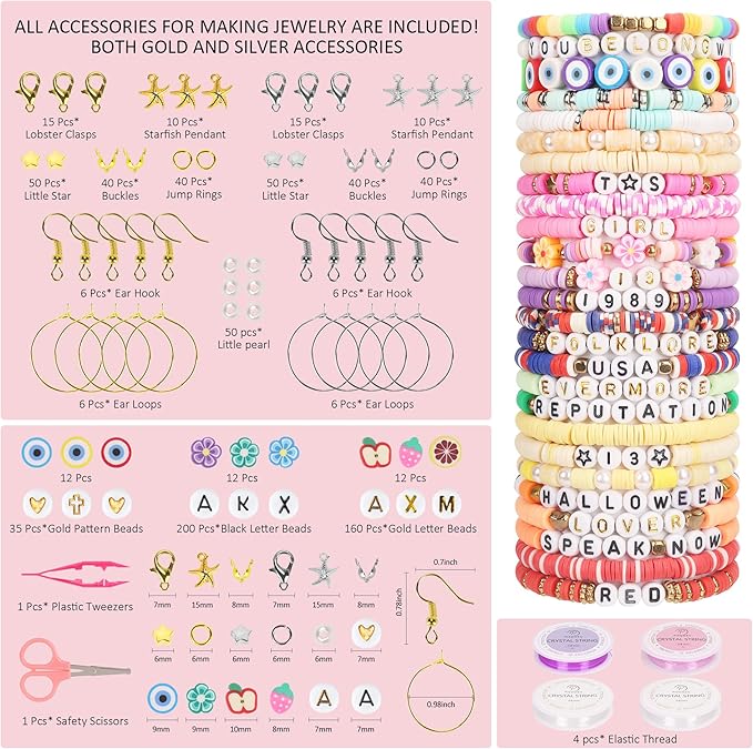 Pizooro Bracelet Making Kit 120 Colors,Friendship Bracelet Kit with Gold Silver Spacer Beads Charms Clay Beads,420pcs Letter Beads,Crafts Gift for Girls Adults